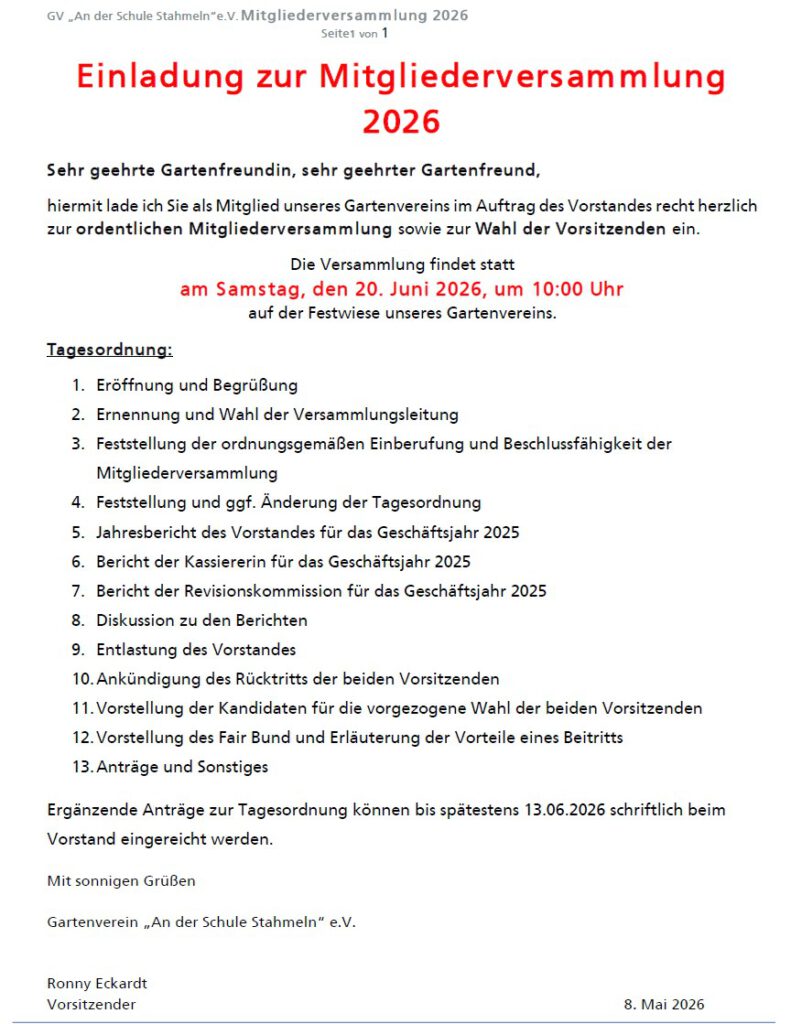Einladung zur Mitgliederversammlung 2026